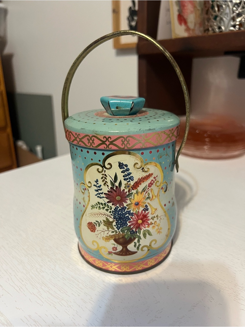 Vintage Decorative Turquoise Floral Toleware Biscuit Jar with Handle